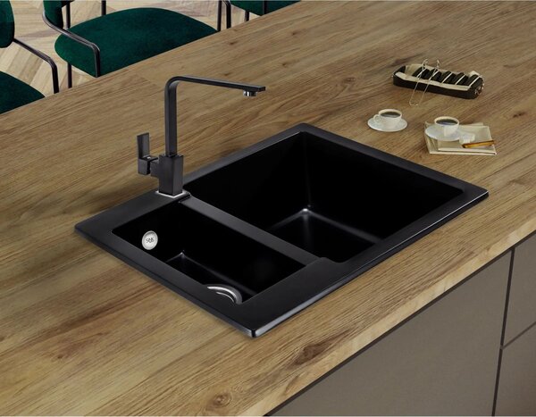 Sink Quality Ferrum, kuchyňský granitový dřez 605x495x210 mm + černý sifon, černá, SKQ-FER.C.5KBO.XB