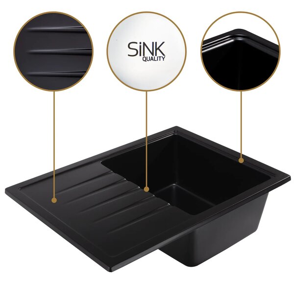 Sink Quality Titanite, kuchyňský granitový dřez 680x495x215 mm + černý sifon, černá, SKQ-TIT.C.1KKO.XB