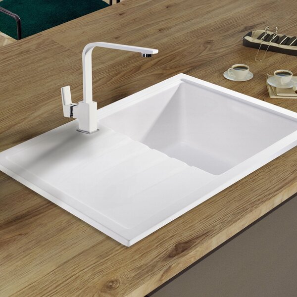Sink Quality Titanite, kuchyňský granitový dřez 680x495x215 mm + černý sifon, bílá, SKQ-TIT.W.1KKO.XB