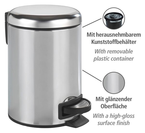 Pedálový odpadkový koš ve stříbrné barvě Wenko Leman Shiny, 3 l