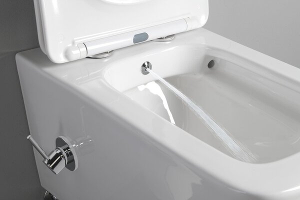Sapho Sapho, PORTO závěsná WC mísa Rimless, integrovaná baterie a bidetová sprška 36x52 cm, bílá, PZ102RX
