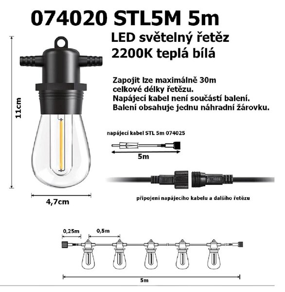 T-LED LED světelný řetěz STL5M 5m, 10xE27, IP65