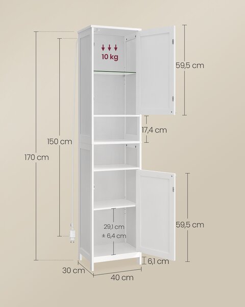 VASAGLE Vysoká koupelnová skříňka s osvětlením a nastavitelnými policemi 40 x 170 x 30 cmbílá