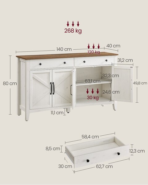 VASAGLE Příborník se zásuvkami venkovský styl 140 x 80 x40 cm bílá a medově hnědá