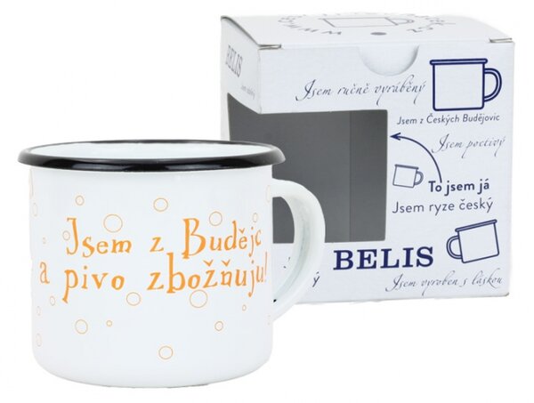BELIS Smaltovaný hrnek ø 8 cm - 0.35 l bílý "pivo" v krabičce - ČESKÝ PLECHÁČEK - 11008-039PAM04