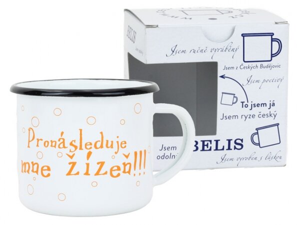 BELIS Smaltovaný hrnek ø 8 cm - 0.35 l bílý "žízeň" v krabičce - ČESKÝ PLECHÁČEK - 11008-039PBM04