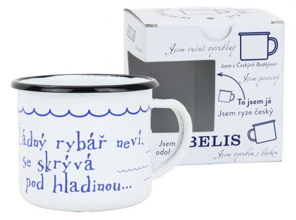 BELIS Smaltovaný hrnek ø 8 cm - 0.35 l bílý "voda" v krabičce - ČESKÝ PLECHÁČEK - 11008-039RBM04