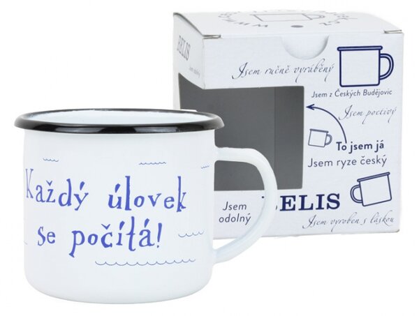 BELIS Smaltovaný hrnek ø 8 cm - 0.35 l bílý "kostra" v krabičce - ČESKÝ PLECHÁČEK - 11008-039RCM04