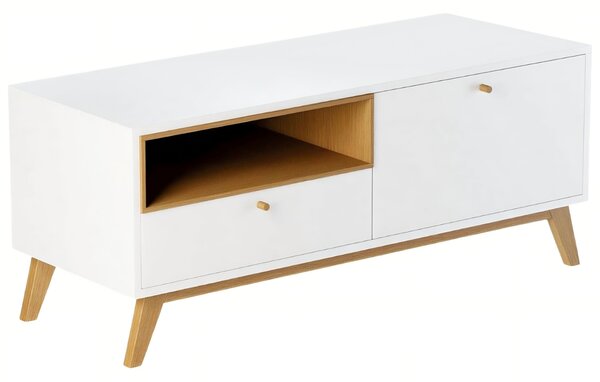 ARBYD Bílý TV stolek Thia s dubovou podnoží 120 x 45 cm