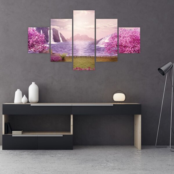 Obraz růžových stromů s jezerem (125x70 cm)
