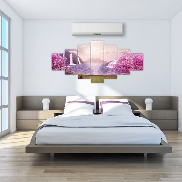 Obraz růžových stromů s jezerem (210x100 cm)
