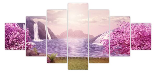 Obraz růžových stromů s jezerem (210x100 cm)