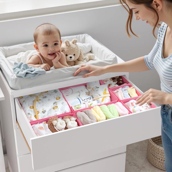 Organizéry do zásuvek, sada 7 kusů, růžové barvy, skládací, vhodné pro komodu MALM, úložné boxy na oblečení, do skříně, na přebalovací komodu