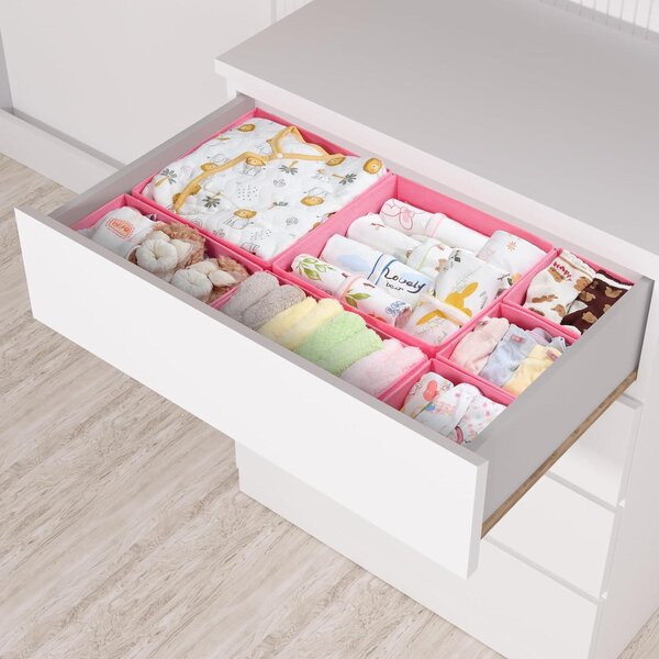 Organizéry do zásuvek, sada 7 kusů, růžové barvy, skládací, vhodné pro komodu MALM, úložné boxy na oblečení, do skříně, na přebalovací komodu