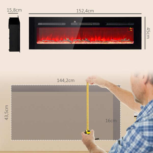 HOMCOM Elektrický krb 1800 W, nástěnný model s LED efektem plamene a krystaly ve 3 barvách