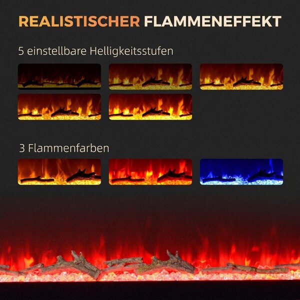 HOMCOM Elektrický krb 1800 W, nástěnný model s LED efektem plamene a krystaly ve 3 barvách