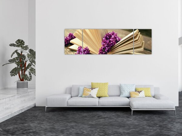 Obbraz knihy a fialové květiny (170x50 cm)