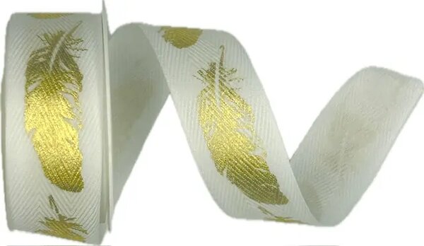 Stuha bavlněná FEATHER GOLD bílá 25mm x 2m (8,-Kč/m)