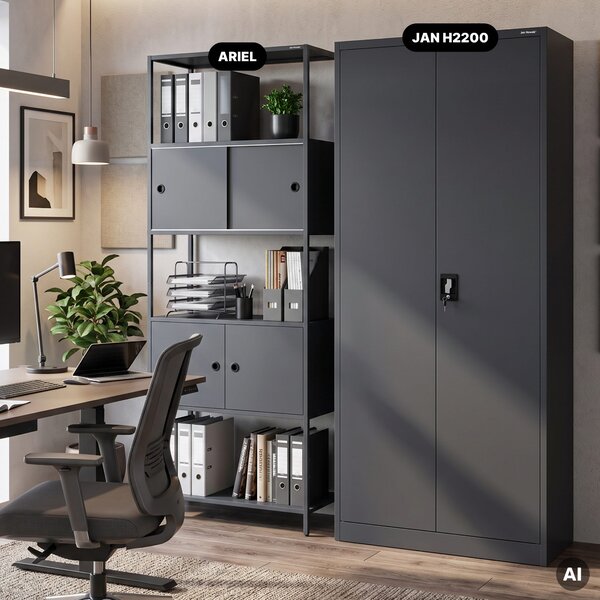 Regál na šanony s uzamykatelnou skříňkou, kancelářský, otevřené police, kovový antracitový, 800x2200x400 mm: ARIEL