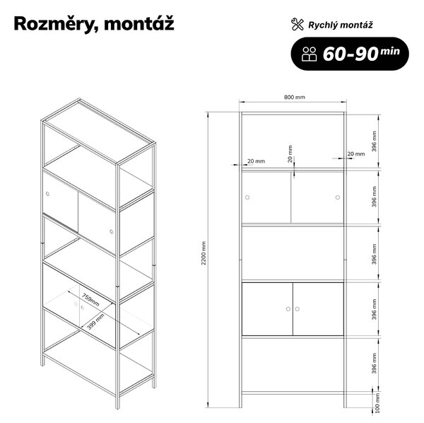 Regál na šanony s uzamykatelnou skříňkou, kancelářský, otevřené police, kovový šedý, 800x2200x400 mm: ARIEL