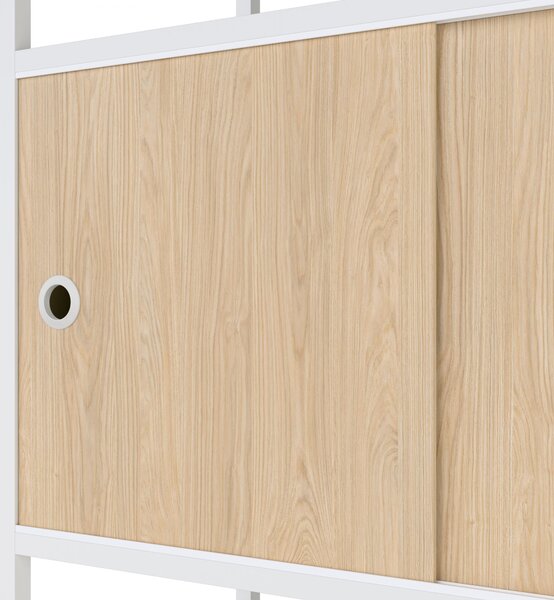 Regál na šanony s uzamykatelnou skříňkou, kancelářský, otevřené police, kovový bílý/dub sonoma, 800x2200x400 mm: ARIEL Eco Design