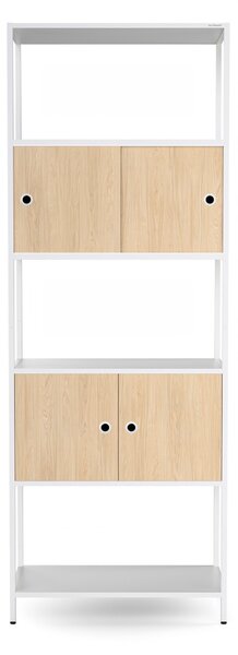 Regál na šanony s uzamykatelnou skříňkou, kancelářský, otevřené police, kovový bílý/dub sonoma, 800x2200x400 mm: ARIEL Eco Design