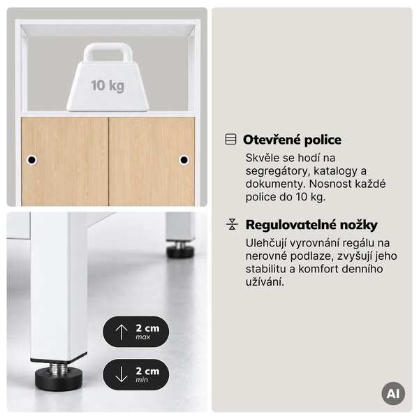 Regál na šanony s uzamykatelnou skříňkou, kancelářský, otevřené police, kovový bílý/dub sonoma, 800x2200x400 mm: ARIEL Eco Design