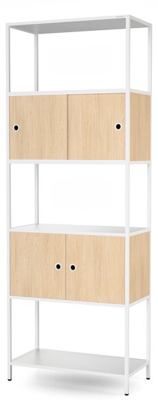Regál na šanony s uzamykatelnou skříňkou, kancelářský, otevřené police, kovový bílý/dub sonoma, 800x2200x400 mm: ARIEL Eco Design
