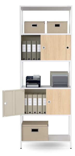 Regál na šanony s uzamykatelnou skříňkou, kancelářský, otevřené police, kovový bílý/dub sonoma, 800x2200x400 mm: ARIEL Eco Design
