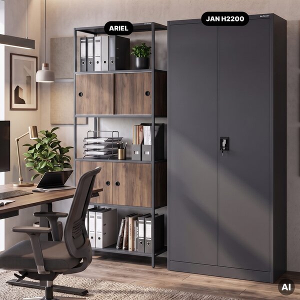 Regál na šanony s uzamykatelnou skříňkou, kancelářský, otevřené police, kovový antracitový/ořech, 800x2200x400 mm: ARIEL Eco Design