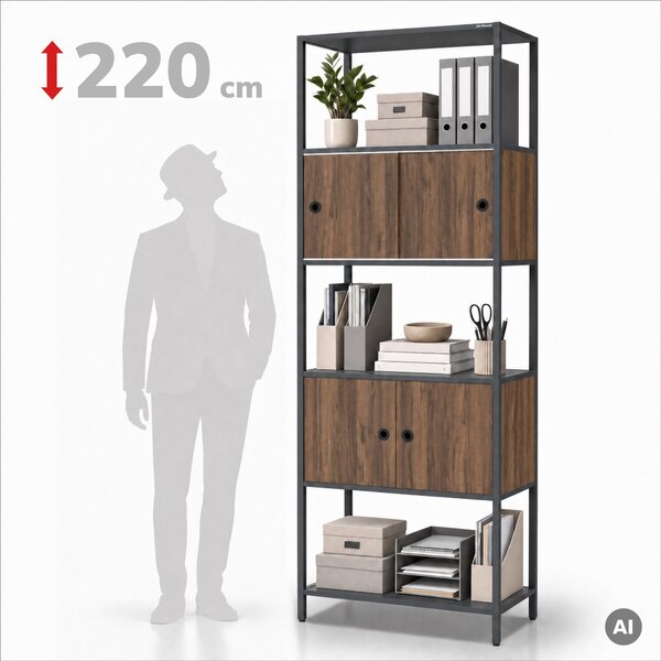 Regál na šanony s uzamykatelnou skříňkou, kancelářský, otevřené police, kovový antracitový/ořech, 800x2200x400 mm: ARIEL Eco Design