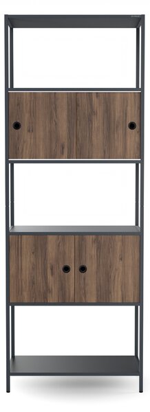 Regál na šanony s uzamykatelnou skříňkou, kancelářský, otevřené police, kovový antracitový/ořech, 800x2200x400 mm: ARIEL Eco Design