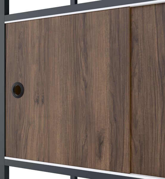 Regál na šanony s uzamykatelnou skříňkou, kancelářský, otevřené police, kovový antracitový/ořech, 800x2200x400 mm: ARIEL Eco Design