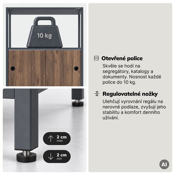 Regál na šanony s uzamykatelnou skříňkou, kancelářský, otevřené police, kovový antracitový/ořech, 800x2200x400 mm: ARIEL Eco Design