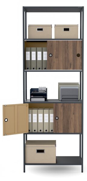 Regál na šanony s uzamykatelnou skříňkou, kancelářský, otevřené police, kovový antracitový/ořech, 800x2200x400 mm: ARIEL Eco Design