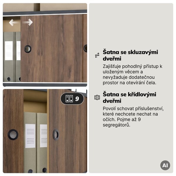 Regál na šanony s uzamykatelnou skříňkou, kancelářský, otevřené police, kovový antracitový/ořech, 800x2200x400 mm: ARIEL Eco Design