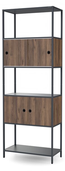 Regál na šanony s uzamykatelnou skříňkou, kancelářský, otevřené police, kovový antracitový/ořech, 800x2200x400 mm: ARIEL Eco Design