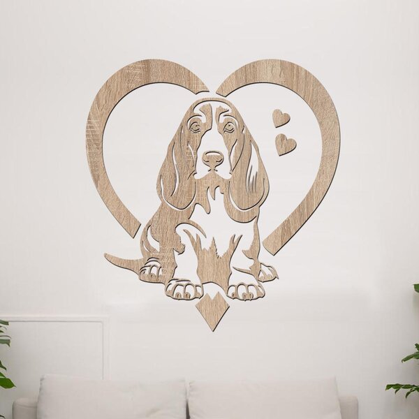 Dřevěná samolepka Basset Hound v srdci | Rozměry (cm): 37x40 | Zvolte barvu dekoru: Černá