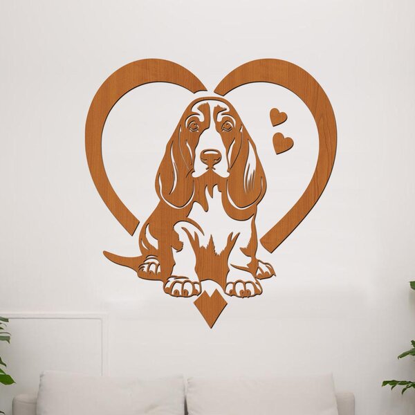 Dřevěná samolepka Basset Hound v srdci | Rozměry (cm): 37x40 | Zvolte barvu dekoru: Černá