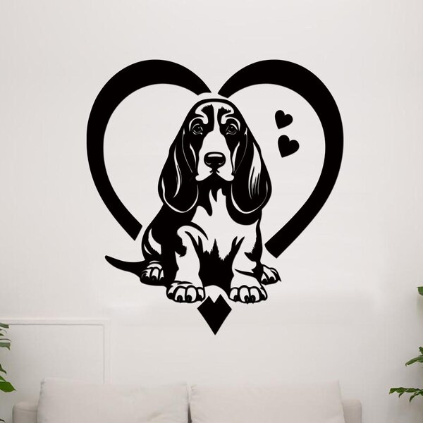 Dřevěná samolepka Basset Hound v srdci | Rozměry (cm): 37x40 | Zvolte barvu dekoru: Černá