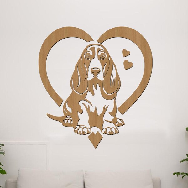 Dřevěná samolepka Basset Hound v srdci | Rozměry (cm): 37x40 | Zvolte barvu dekoru: Černá
