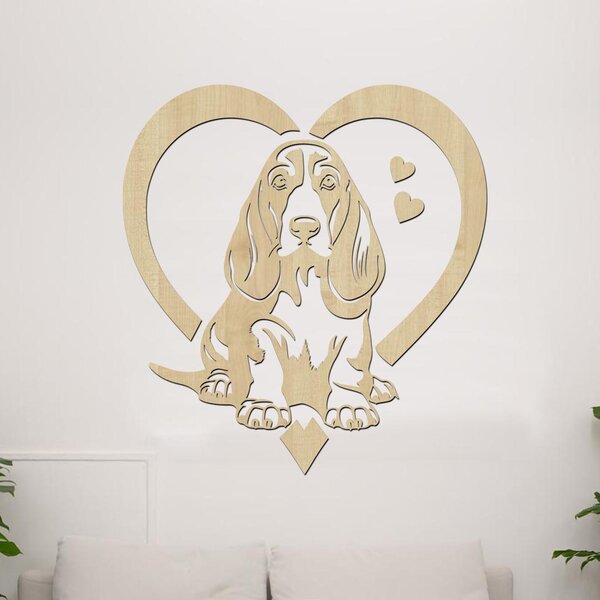 Dřevěná samolepka Basset Hound v srdci | Rozměry (cm): 37x40 | Zvolte barvu dekoru: Černá