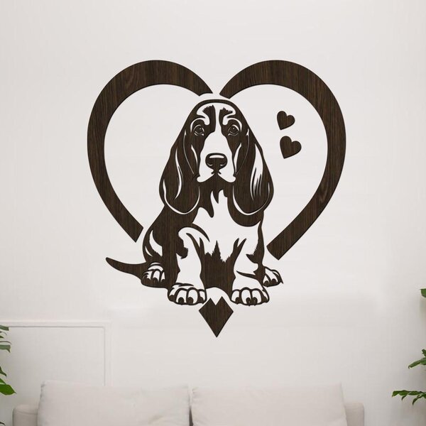 Dřevěná samolepka Basset Hound v srdci | Rozměry (cm): 37x40 | Zvolte barvu dekoru: Černá