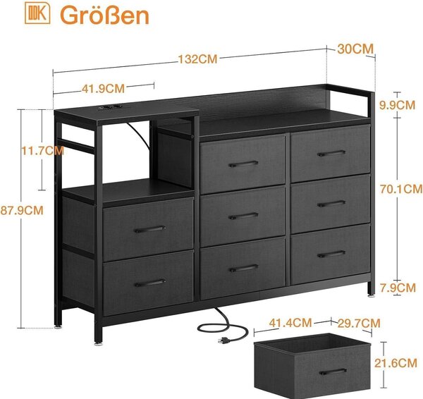 Komoda s 8 zásuvkami potaženými látkou, 2 USB porty a 2 zásuvkami na napájení, černá barva, rozměry 132 x 30 x 88 cm