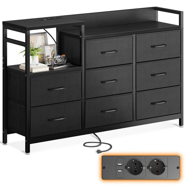 Komoda s 8 zásuvkami potaženými látkou, 2 USB porty a 2 zásuvkami na napájení, černá barva, rozměry 132 x 30 x 88 cm