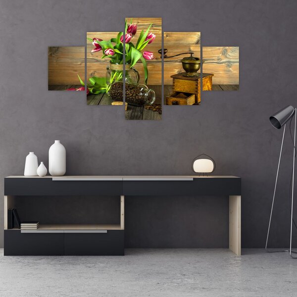 Obraz - tulipány, mlýnek a káva (125x70 cm)