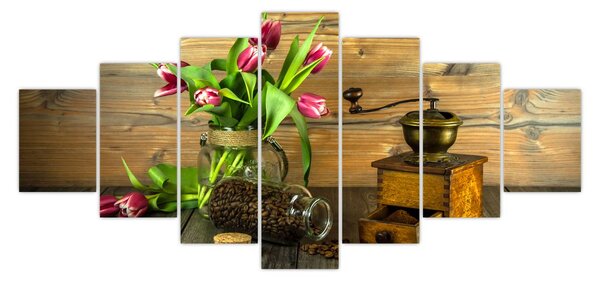 Obraz - tulipány, mlýnek a káva (210x100 cm)