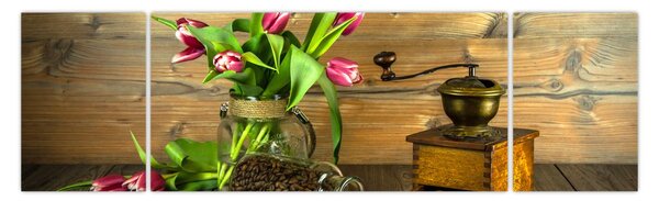 Obraz - tulipány, mlýnek a káva (170x50 cm)