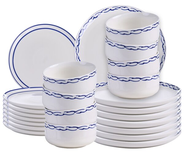 Sada 24 kusů nádobí AMCHUR Porcelán Bílá/Modrá