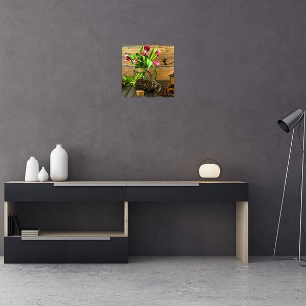 Obraz - tulipány, mlýnek a káva (30x30 cm)